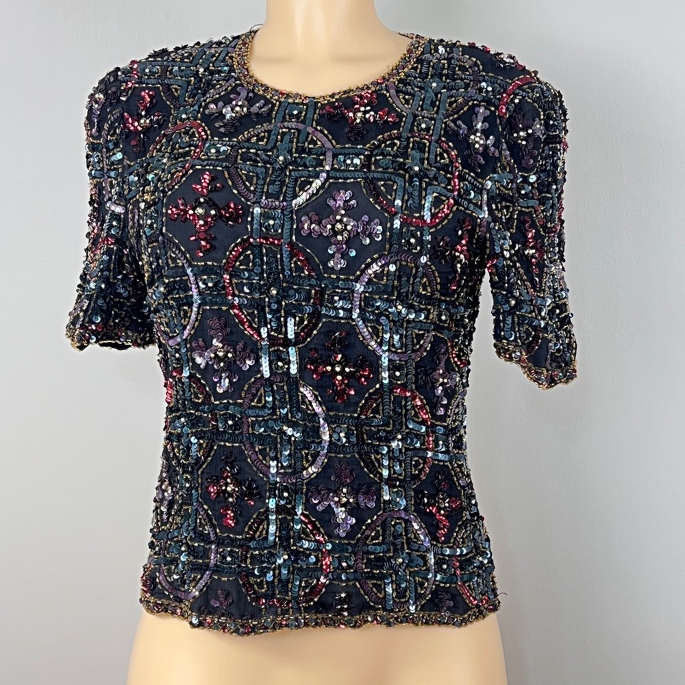 Scala Beaded Sequin Silk Top Womens PM Petite Medium‎ Black Vintage 90s READ